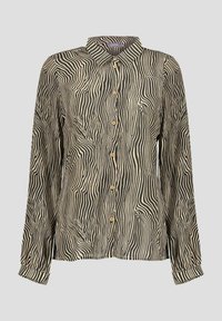 Langärmelig blouse in een zwart en crèmekleurig golvend streeppatroon, met een kraag en houten knopen aan de voorkant. Lichtgewicht stof.