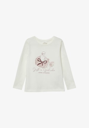 Weißes Langarm-T-Shirt mit einer rosa Illustration einer Tänzerin in einem Tutu und einer Schleife, begleitet von dem Text "Ein Mädchen, das es liebt zu tanzen."