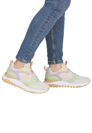 Lightweight sneakers with a mesh and suede upper. Features pastel green, purple, and beige accents, white laces, and a textured rubber sole.