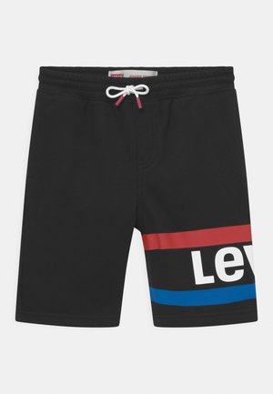 Sorte Levi's joggershorts med hvid snøre, røde og blå striber samt delvist hvidt Levi's-logo på højre ben.