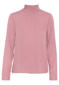 Blusa a maniche lunghe in morbido tessuto rosa pallido, con collo alto a volant e vestibilità rilassata. Tessuto liscio senza motivi.