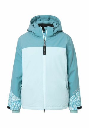Veste de ski bleu clair et turquoise avec capuche, fermeture éclair, poches latérales et poignets à motifs. Présente des sections de couleur contrastante et une texture lisse.