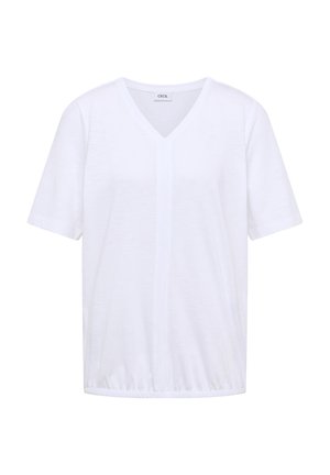 T-shirt blanc à manches courtes avec col en V, ourlet élastique, design uni et étiquette "CECIL" à l'intérieur du col.