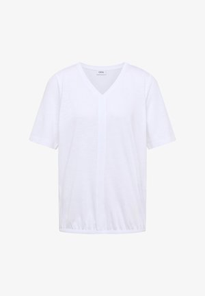 Hvid kortærmet V-hals skjorte med elastisk kant, ensfarvet design og et mærke med teksten "CECIL" inde i kraven.