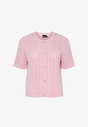 Cardigan en maille à manches courtes de couleur rose clair avec des bords festonnés et des boutons à l'avant, présentant un motif ajouré délicat.