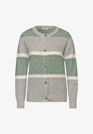 Grå stickad cardigan med gröna och vita ränder, rund halsringning och gröna knappar. Har ribbade ärmslut och nederkant. Mjuk textur.