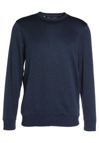 Felpa girocollo blu navy realizzata in tessuto strutturato, con maniche lunghe, polsini e orlo a coste, e un logo discreto sul petto.
