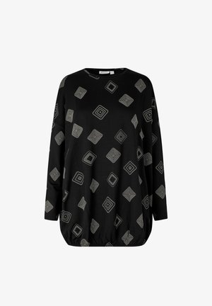 Sort langærmet top med geometriske mønstre i lys grå. Har en rund halsudskæring og elastisk kant for en afslappet pasform. Blød stoftekstur.
