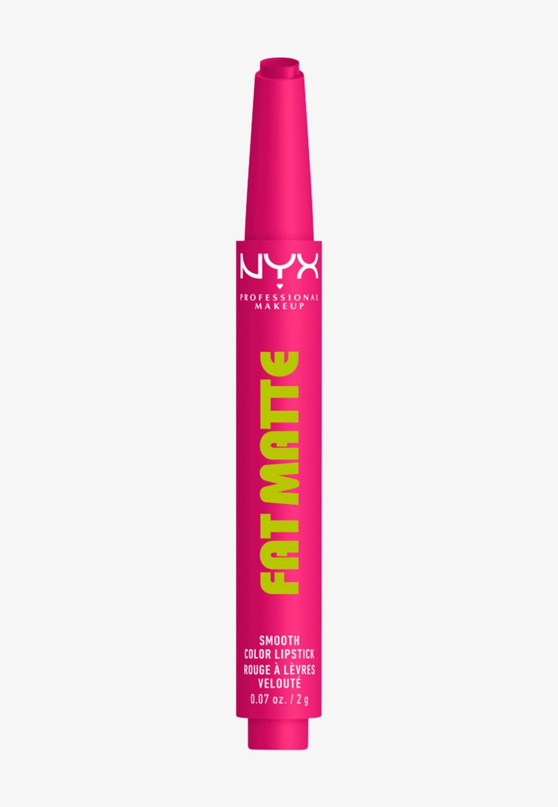 Rouge à lèvres rose vif NYX Professional Makeup Fat Matte couleur lisse dans un tube fin twist-up avec texte jaune et blanc.