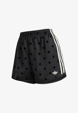 Shorts de sport noirs à pois noirs, avec trois bandes blanches sur les côtés, ceinture élastique, et logo Adidas sur le bas côté droit.