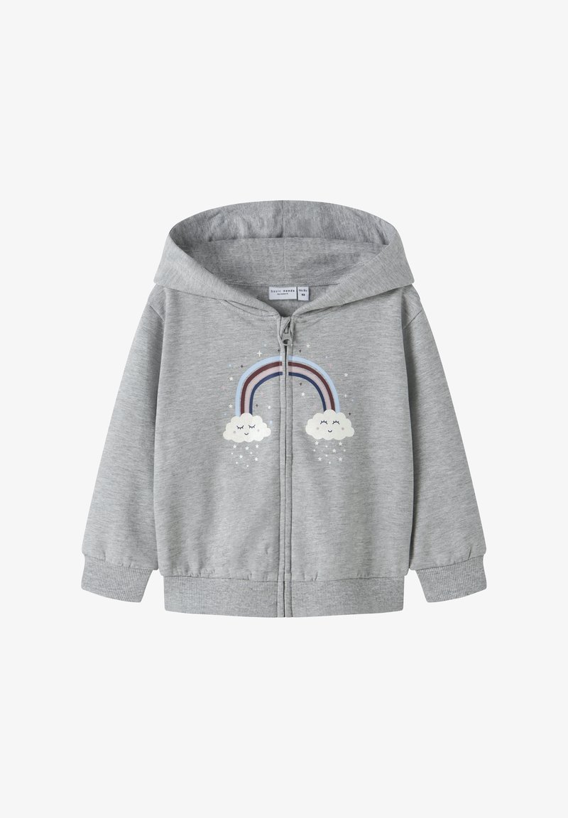 Grauer Kapuzenpullover mit Reißverschluss und Kapuze. Auf der Vorderseite befindet sich ein Regenbogen- und Wolkenmotiv. Hergestellt aus weichem Stoff; mit gerippten Bündchen und Saum.
