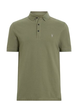 Olive green polo shirt made of cotton, featuring a three-button placket, short sleeves, and a small logo on the left chest.