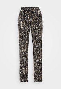 Zwarte broek met een abstract patroon in beige en creme, gemaakt van een gladde stof, met een recht gesneden ontwerp en een tailleband.