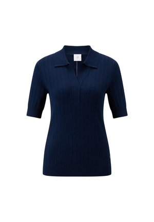 Navy blue ribbed polo shirt with short sleeves, a V-neckline, and a flat collar. Features a subtle logo tag at the bottom.