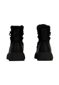 Black leather ankle boots with a padded collar, textured soles, and side lace detailing. Smooth finish with a sturdy, ribbed outsole.