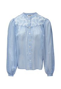 Bluse mit blauen und weißen Streifen, langen Puffärmeln, Rundhals, Knopfverschluss vorne und gestickten Details an der Passe.