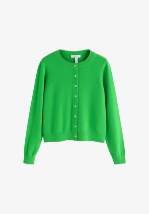Cardigan vert vif à manches longues avec boutons, col rond et poignets et ourlet côtelés.