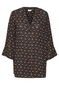 Tunique noire avec un col en V, présentant un motif floral aux accents roses et verts. Fabriquée en matériau léger avec des manches évasées.