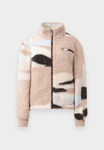 Pehmeä, beige fleece-takki, jossa on vetoketju, ja jossa on abstrakteja pastellisävyisiä kuvioita sekä pieni rintatasku metallisilla yksityiskohdilla.