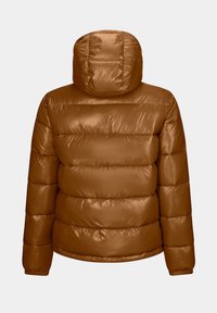 Giubbotto imbottito marrone con cappuccio, caratterizzato da un design a trapunta e un tessuto liscio e lucido. Il giubbotto ha una forma squadrata e polsini elasticizzati.