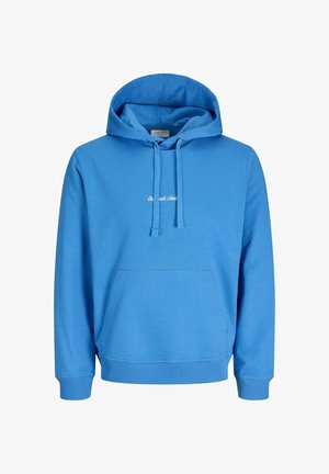 Blauer Kapuzenpullover mit Kordelzügen und einer Fronttasche. Weicher Stoff und gerippte Bündchen. Mit weißem Text auf der Brust.