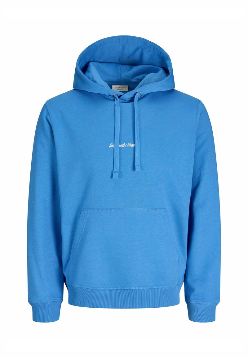 Sinine kapuutsiga dressipluus, nöörid ja esikott. Pehme kangas ja soonikkoes. Rinnal valge tekst.