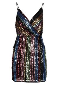 Abito di paillettes con design avvolgente e spalline sottili. Presenta strisce verticali di vari colori tra cui nero, blu, rosso e verde.