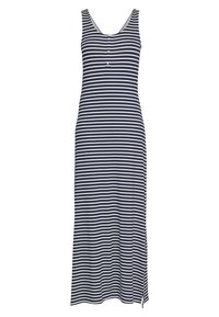 Ärmelloses, marineblaues und weißes, horizontal gestreiftes Maxikleid mit Rundhalsausschnitt und einer drei-knopf Frontverschluss.