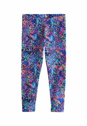 Tarka színű leggings, élénk virágmintával, rózsaszín, kék, narancssárga és lila árnyalatokban, tengerészkék háttérrel. Rugalmas anyag.