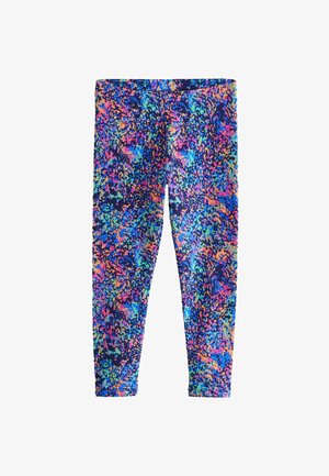Tarka színű leggings, élénk virágmintával, rózsaszín, kék, narancssárga és lila árnyalatokban, tengerészkék háttérrel. Rugalmas anyag.