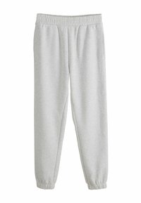 Lichtgrijze joggingbroek van zachte stof, met een elastische tailleband en elastische boorden bij de enkels. Eenvoudig, klassiek ontwerp.