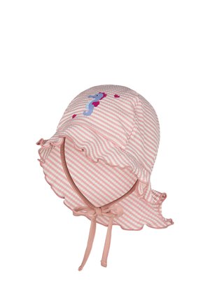 Pink and white striped baby sun hat with ruffled brim, chin straps, and a purple seahorse applique with small hearts.
