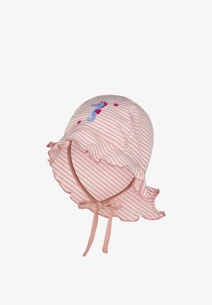 Pink and white striped baby sun hat with ruffled brim, chin straps, and a purple seahorse applique with small hearts.