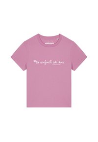 Rosa Baumwoll-T-Shirt mit Rundhalsausschnitt und kurzen Ärmeln. Auf der Vorderseite befindet sich der weiße Text "So einfach ist das." zentriert. Weiche Textur.