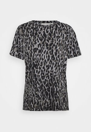 T-shirt z krótkim rękawem i okrągłym dekoltem, z czarno-szarym wzorem w cętki na jasnoszarym tle.