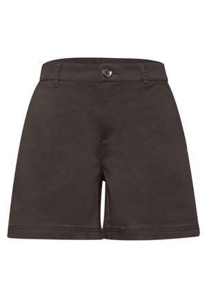 Rückansicht schwarzer Hosen mit elastischem Bund und einem gestreiften Hemd, das hineingesteckt ist, mit sichtbaren Details der Gesäßtasche und der Gürtelschlaufe.