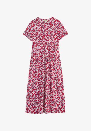 Rotes Midikleid mit kurzen Ärmeln und weiß-blauem Blumenmuster, mit rundem Ausschnitt und gesammelter Taille.