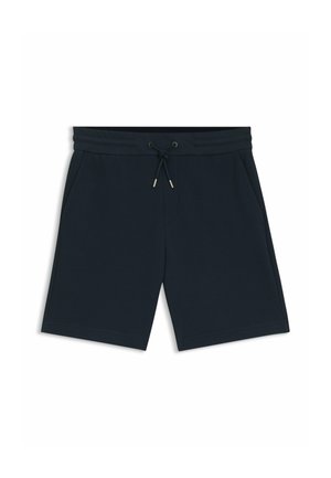 Shorts en maille bleu marine avec taille à cordon et poches latérales, présentés à plat sur fond blanc.
