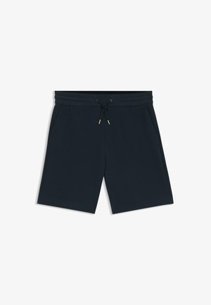 Shorts en maille bleu marine avec taille à cordon et poches latérales, présentés à plat sur fond blanc.