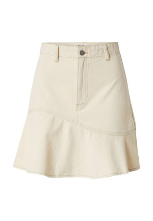 Beige Denim-Rock mit weit ausgestelltem Saum, vorne mit Taschen, hinten mit Gürtelschlaufen und einem Metallknopfverschluss am Bund.