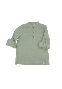 Light green linen shirt with a band collar, three wooden buttons, rolled-up sleeves, and a single chest pocket for a relaxed fit.
