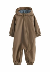 Combinaison imperméable marron avec capuche, fermeture éclair, poignets élastiques et doublure douce bleu. Texture lisse et design décontracté pour une utilisation en extérieur.