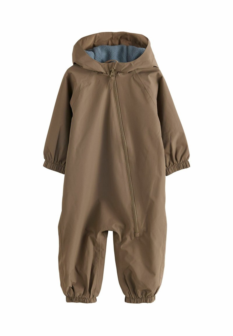 Combinaison imperméable marron avec capuche, fermeture éclair, poignets élastiques et doublure douce bleu. Texture lisse et design décontracté pour une utilisation en extérieur.