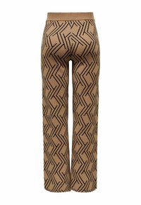 Pantaloni in maglia marrone con un motivo a zigzag geometrico nero, dotati di un'ampia vita elastica e di un design a gamba dritta.