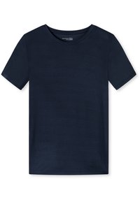 Marinblå t-shirt med kort ärm gjord av mjukt tyg, med rund halsringning och en vanlig passform utan synliga mönster eller detaljer.