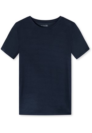 Marinblå t-shirt med kort ärm gjord av mjukt tyg, med rund halsringning och en vanlig passform utan synliga mönster eller detaljer.