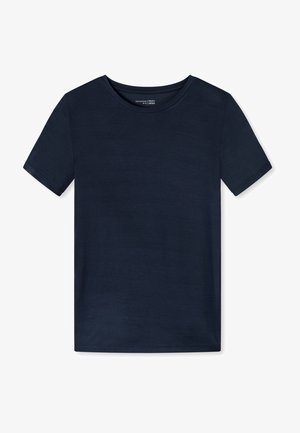 T-shirt à manches courtes bleu marine en tissu doux, avec un col rond et une coupe régulière sans motifs ni accents visibles.