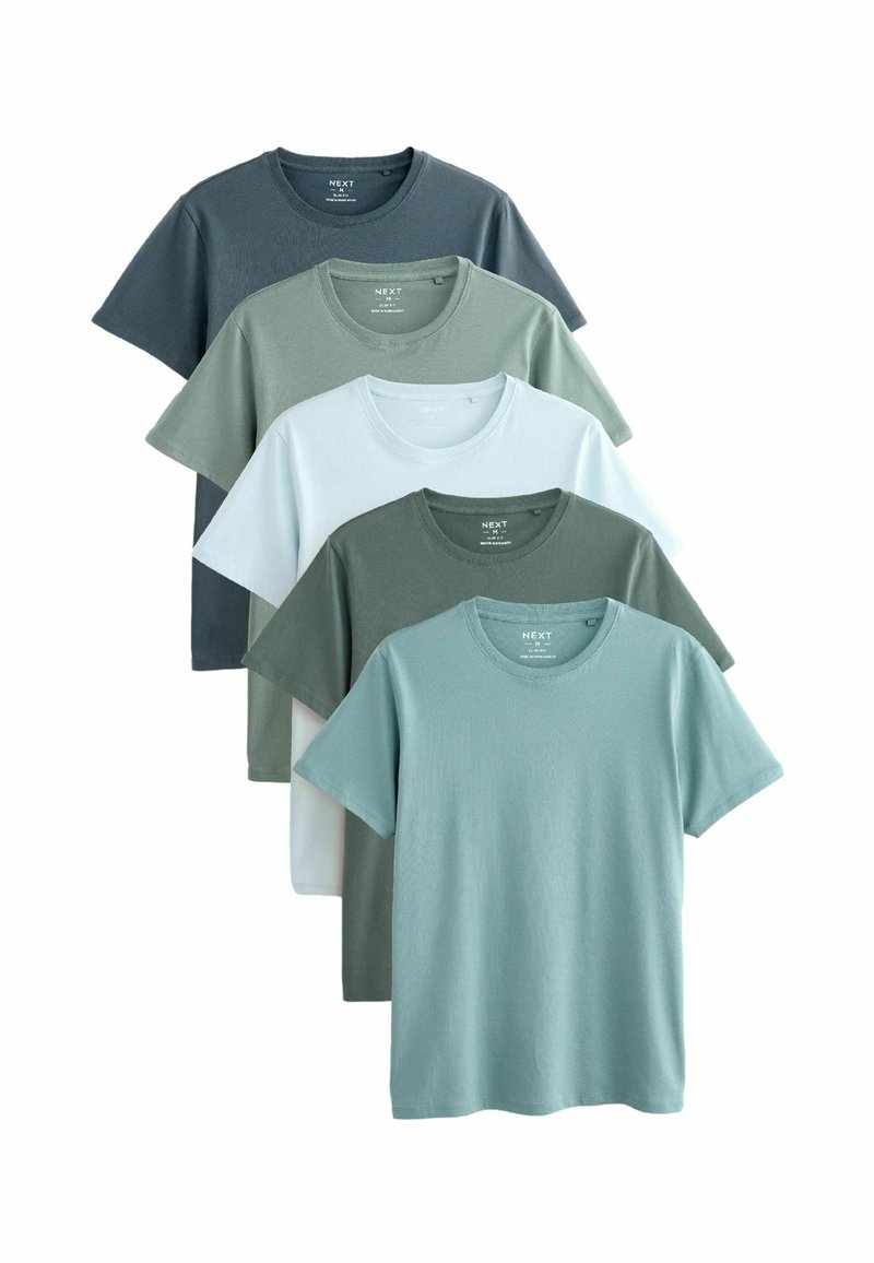 Pięć t-shirtów z krótkim rękawem, ułożonych w stos, z miękkiej bawełny. Kolory: ciemnoszary, zielony, jasny zielony, biały i jasnoniebieski. Okrągłe dekolty, minimalistyczny design.