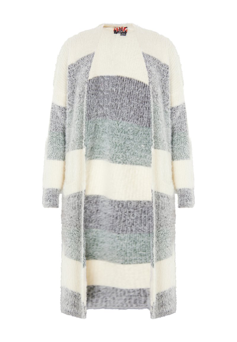 Langer, offen gestalteter Strickcardigan mit breiten horizontalen Streifen in Creme-, Grau- und gedämpften Grüntönen.