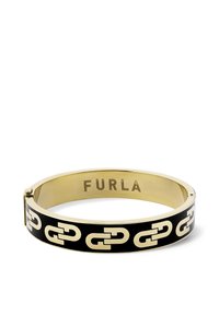Must svart käevõru kuldse ahela disainiga, millel on poleeritud kuldne sisekülg, millel on graveering "Furla". Sile tekstuur, stiilne siluett.